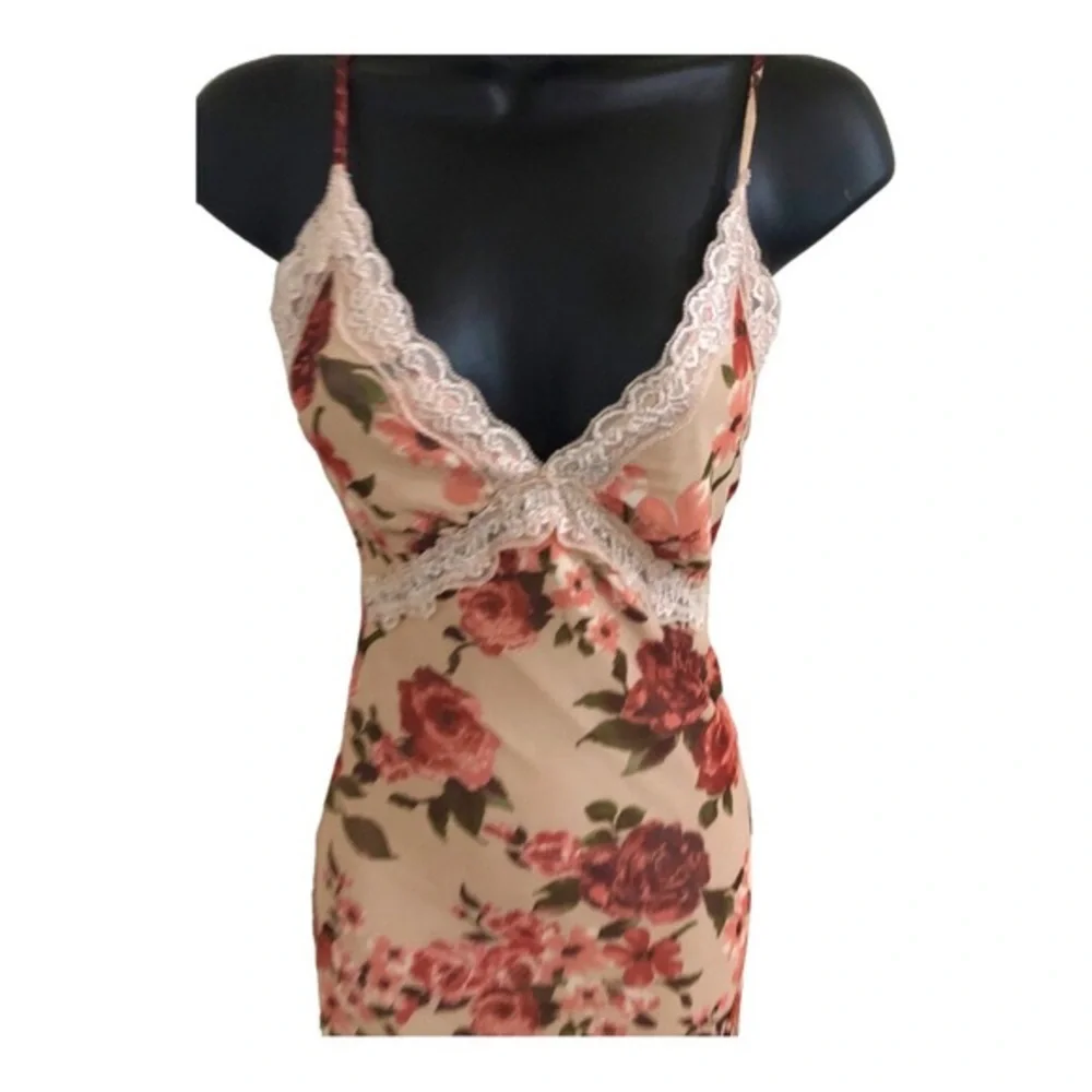 Jessica Simpson mesh red roses goth floral lace trim bodice maxi‎ slip dress